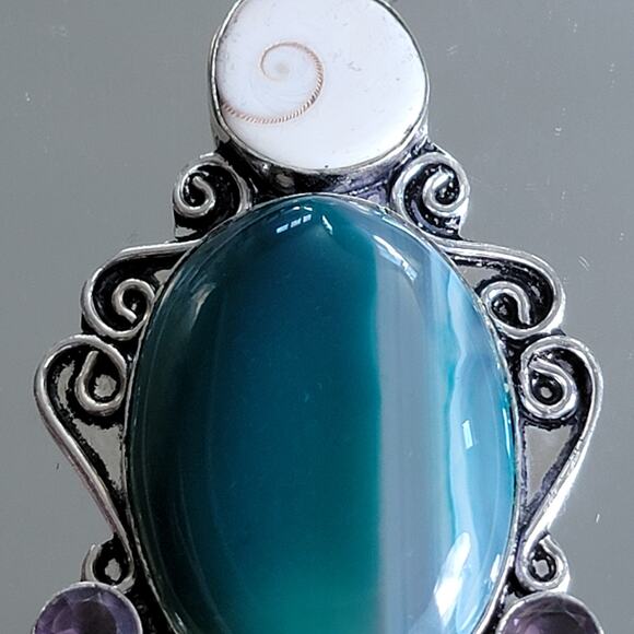 Blue Banded Agate, Shiva Eye Shell & Amethyst Pendant, Sterling Silver Necklace - Picture 7 of 10